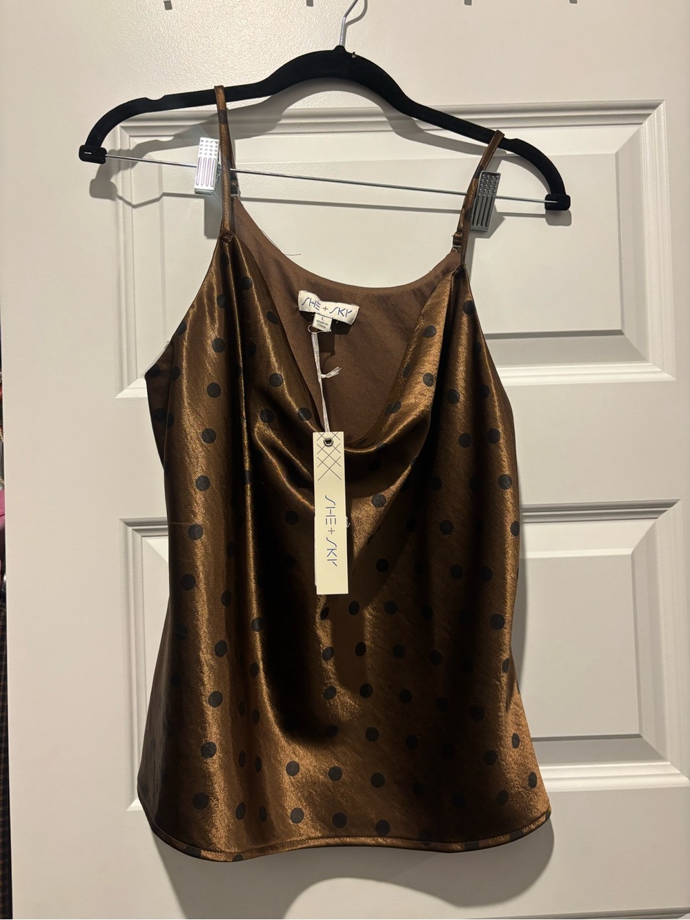 She + Sky Bronze Polka Dot Satin Cowl Neck Cami